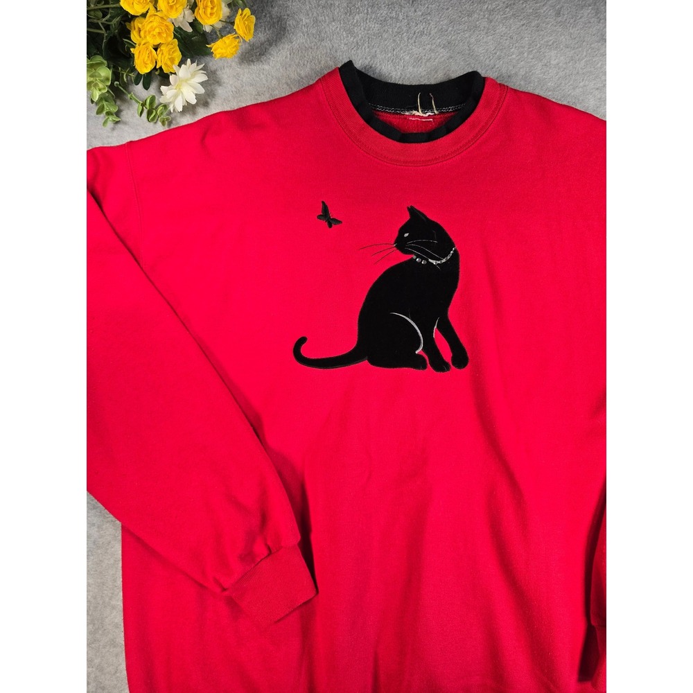 Vintage Top Stitch Black Cat Crewneck Double Collar Sweatshirt Rhinestone XL
